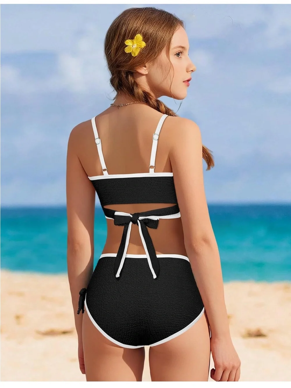 Black Bikini Set White Trim Girls Adjustable Straps Back Cutout Bow Tie nwot